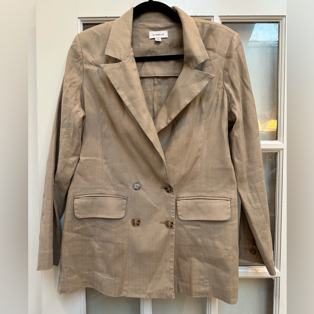 Evereve Minimalist Tan Double-Breasted Women's Linen Blazer Jacket Size Small S